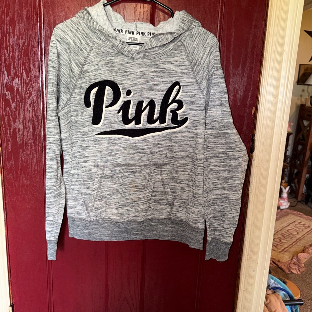 PINK Victoria's Secret Marled Gray Logo Hoodie Sweater
